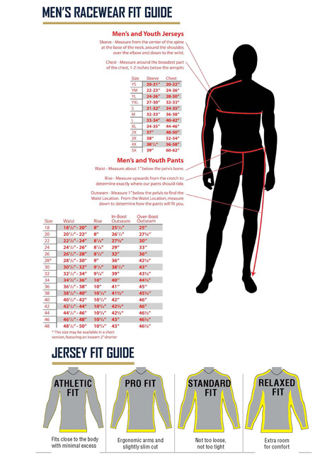 Fly Racing mx gear Size chart